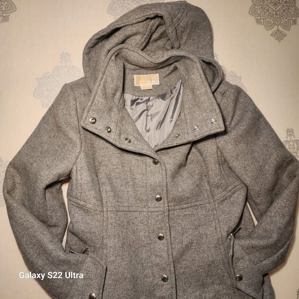 Michael Kors Wool Coat, Womens Size 10 Hooded Pea Coat, Gray